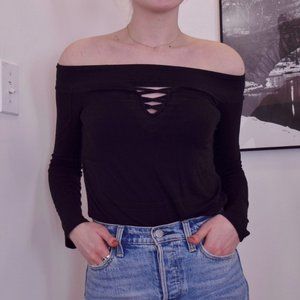 Off-the-shoulder top with lattice detail